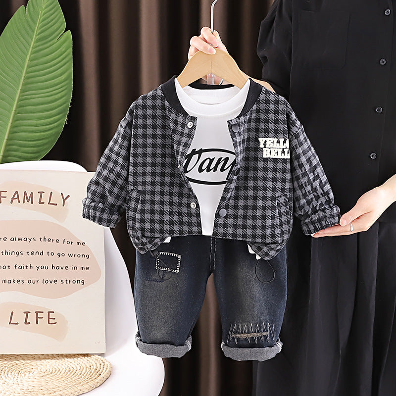 Spring and Autumn Checkered Coat Long Sleeve Three Piece Set