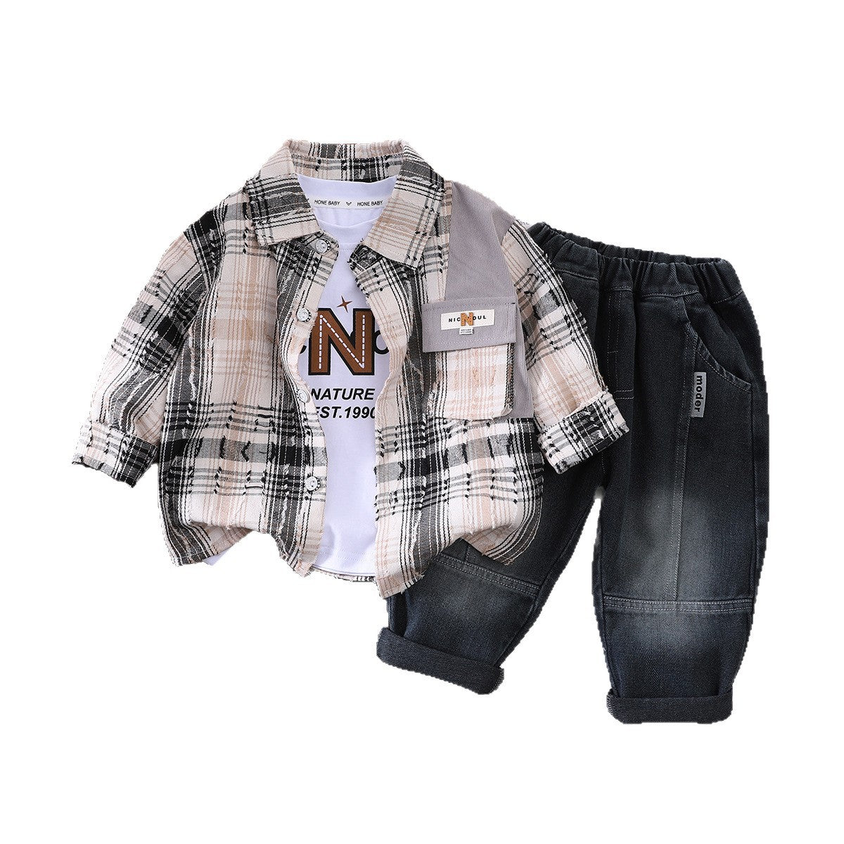 Baby Spring/Autumn Checkered Shirt Long Sleeve Three Piece Set
