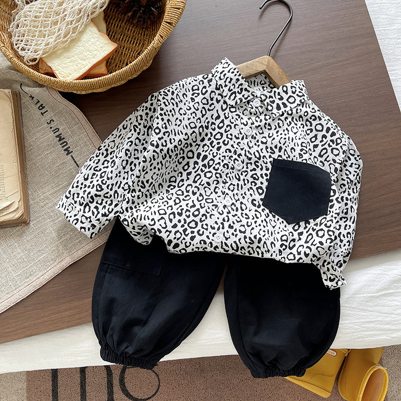 Children's casual leopard print shirt long sleeved two-piece set