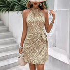Summer Fashion Sleeveless Floral Ruched Mini Dress with Halter Neck and Zipper