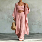 Loose cardigan short strap high waist wide leg pants set