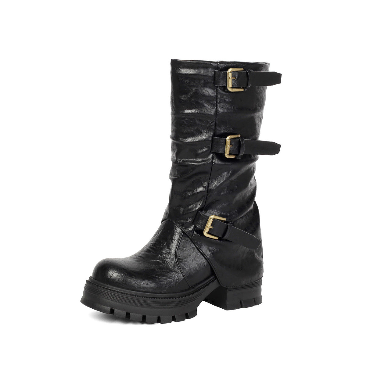 Damen Kurzstiefel mit dickem Absatz, High Heel, Gürtelschnalle, Slip-On