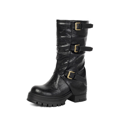 Damen Kurzstiefel mit dickem Absatz, High Heel, Gürtelschnalle, Slip-On