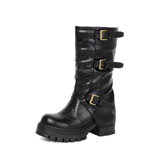 Damen Kurzstiefel mit dickem Absatz, High Heel, Gürtelschnalle, Slip-On