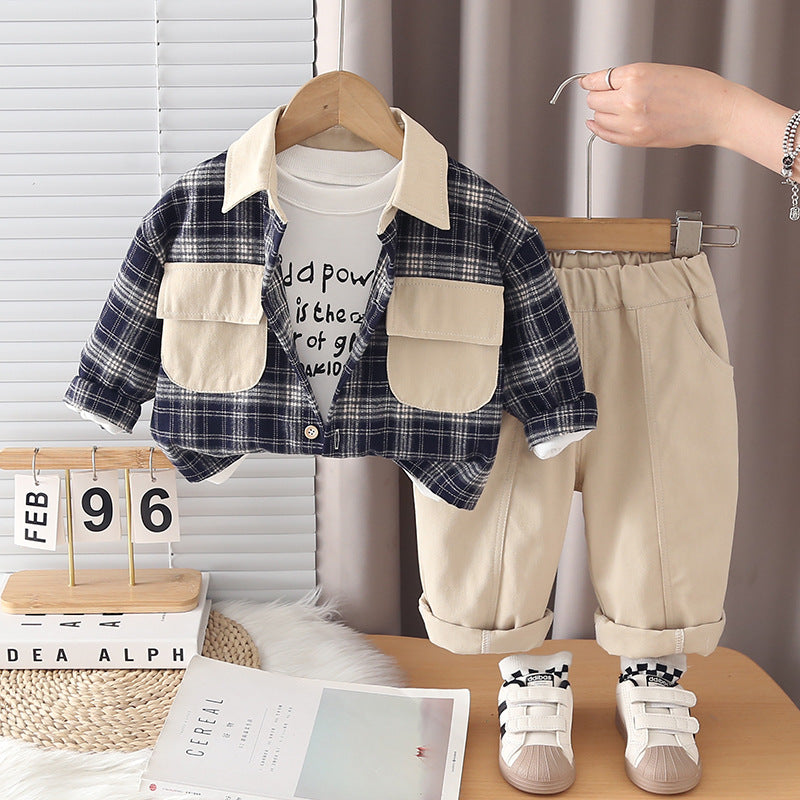 Checkered shirt long sleeved three piece set for baby and children's casual clothes
