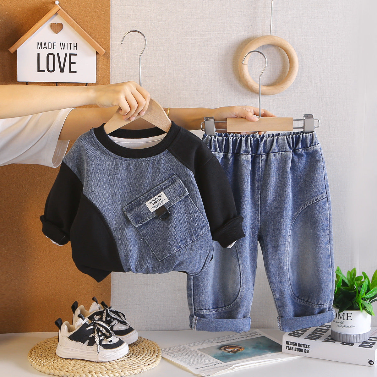 Casual patchwork hoodie long sleeved two-piece set