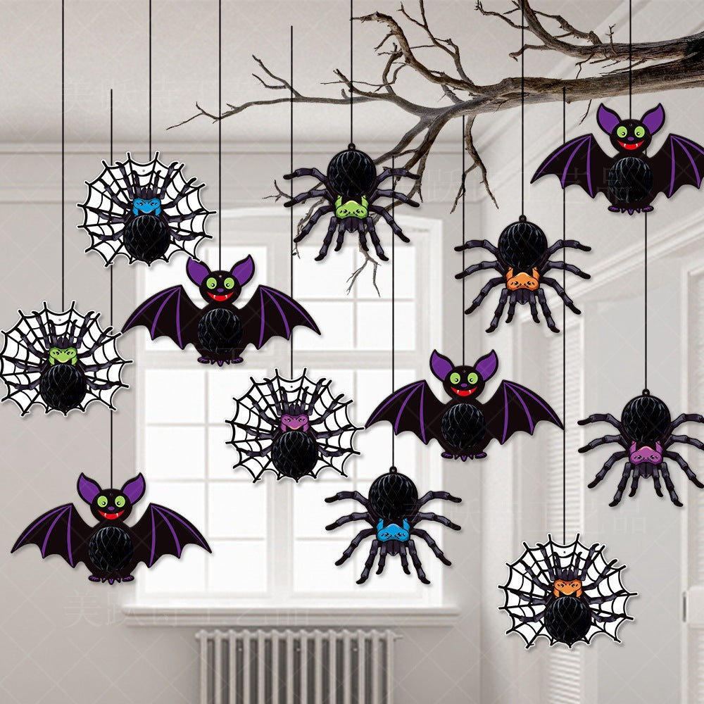 Halloween Decorative Hanging Ornament Spider Bat Honeycomb Ball Pendant 3D Spider Honeycomb Decoration