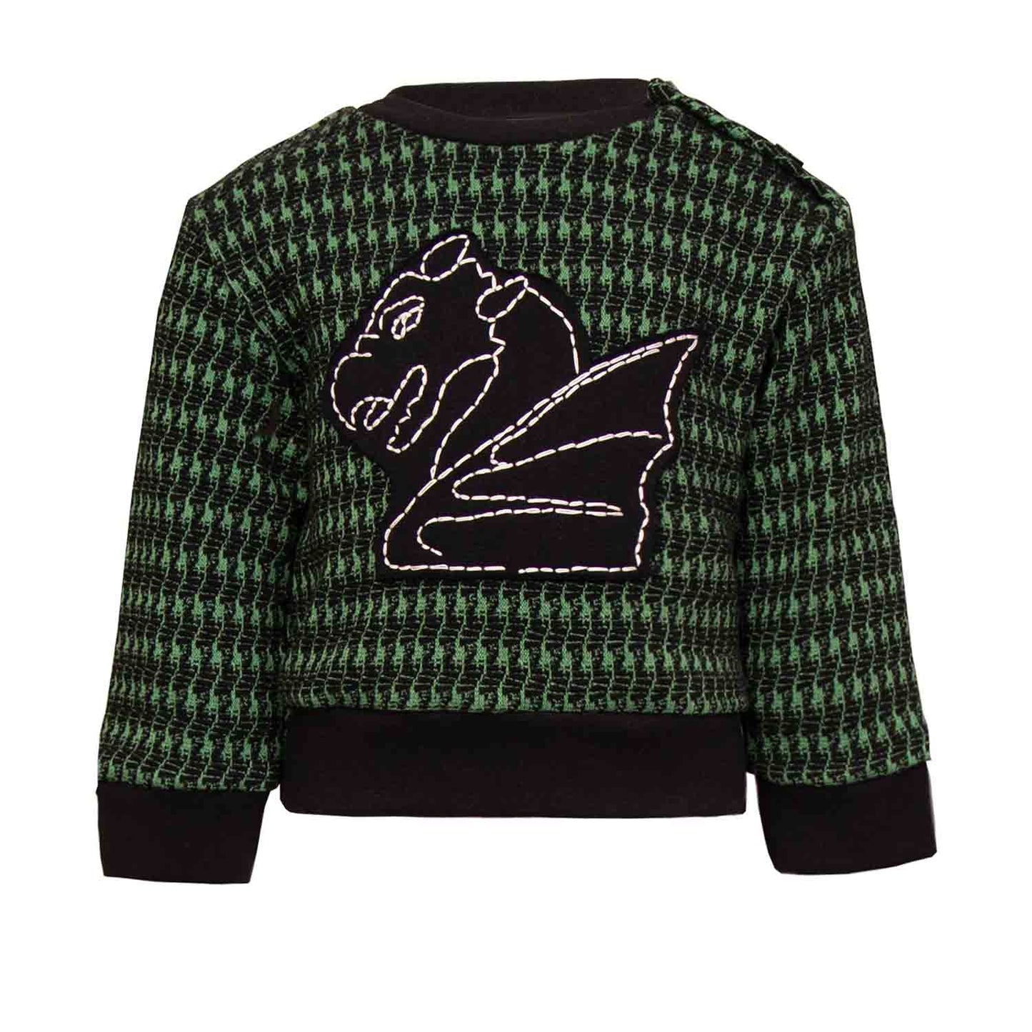 Black and green houndstooth baby sweatshirt with dragon appliqué