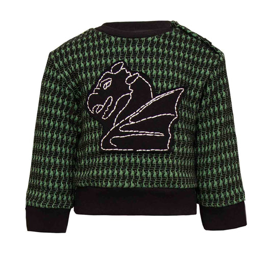 Black and green houndstooth baby sweatshirt with dragon appliqué