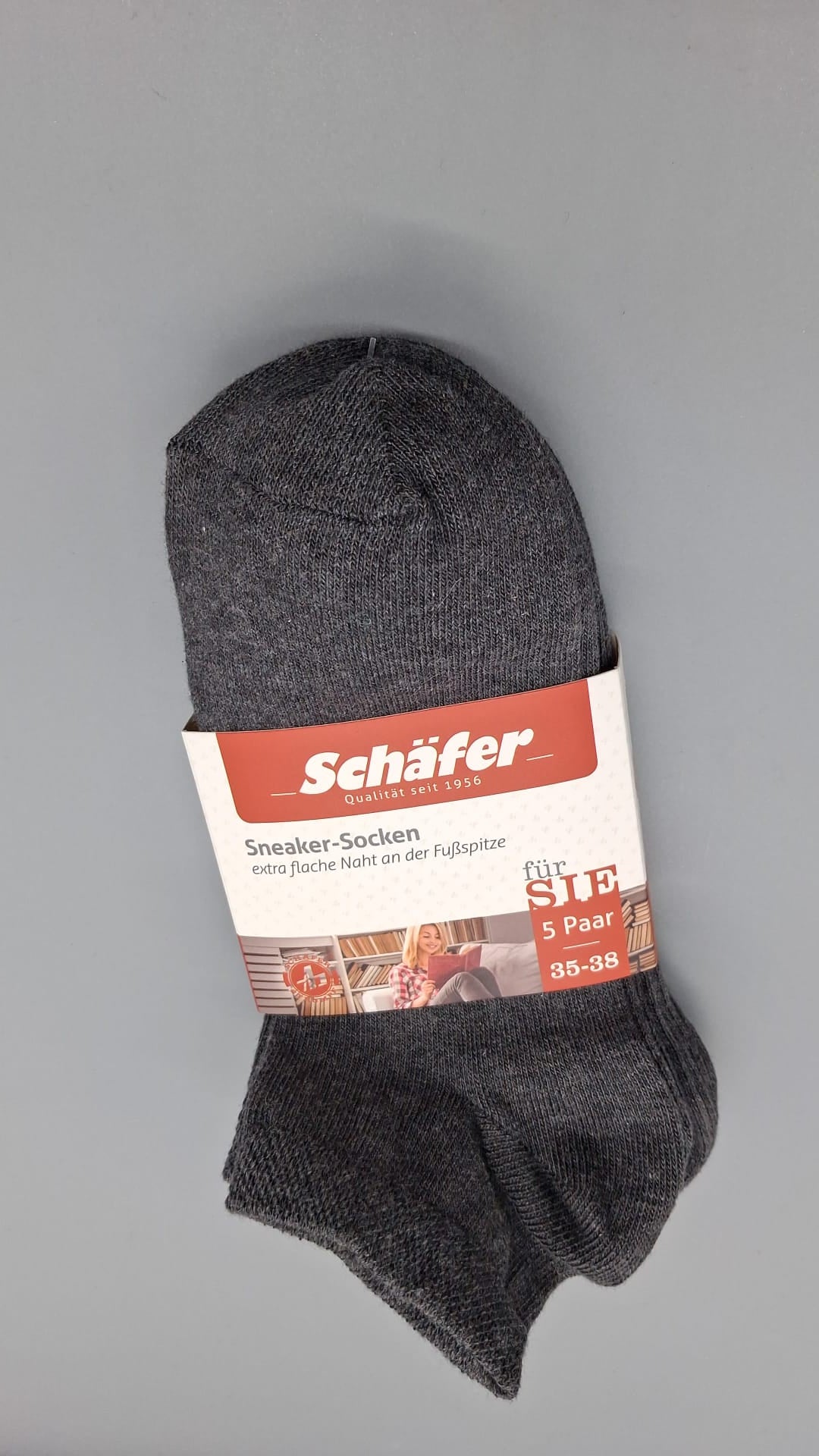 Schäfer Damen-Sneaker-Socken im 5er-Pack in Dunkelgrau, Größe 35 bis 38, Vorderseite