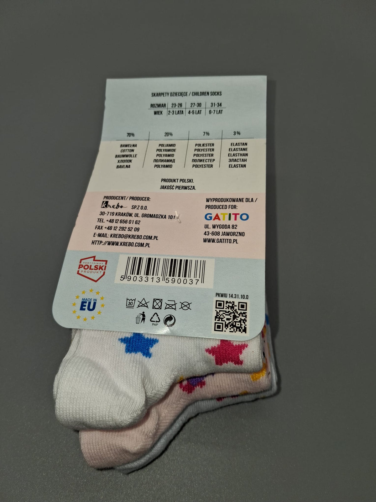 Etikettrückseite der Kindersocken Größe 23–26 mit Materialzusammensetzung