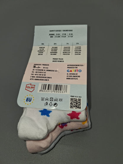 Etikettrückseite der Kindersocken Größe 23–26 mit Materialzusammensetzung