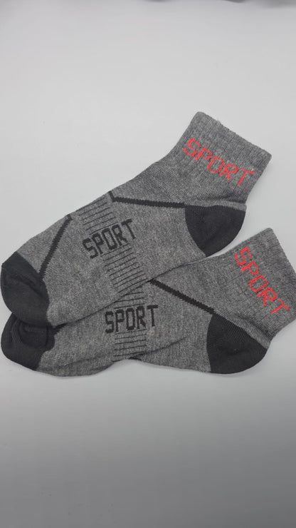 Sportsocken grau-schwarz mit rotem SPORT-Schriftzug