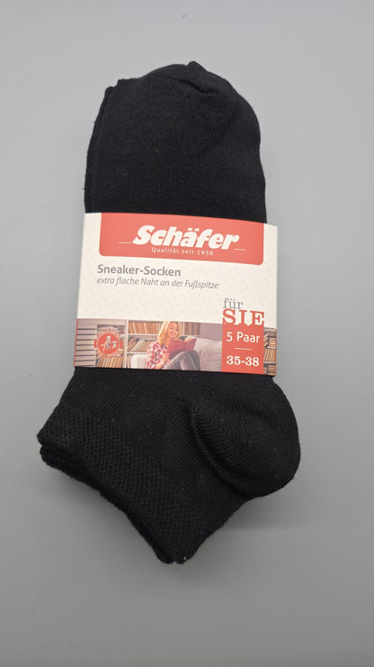 Schäfer schwarze Damen-Sneaker-Socken, 5 Paar, Größe 35–38
