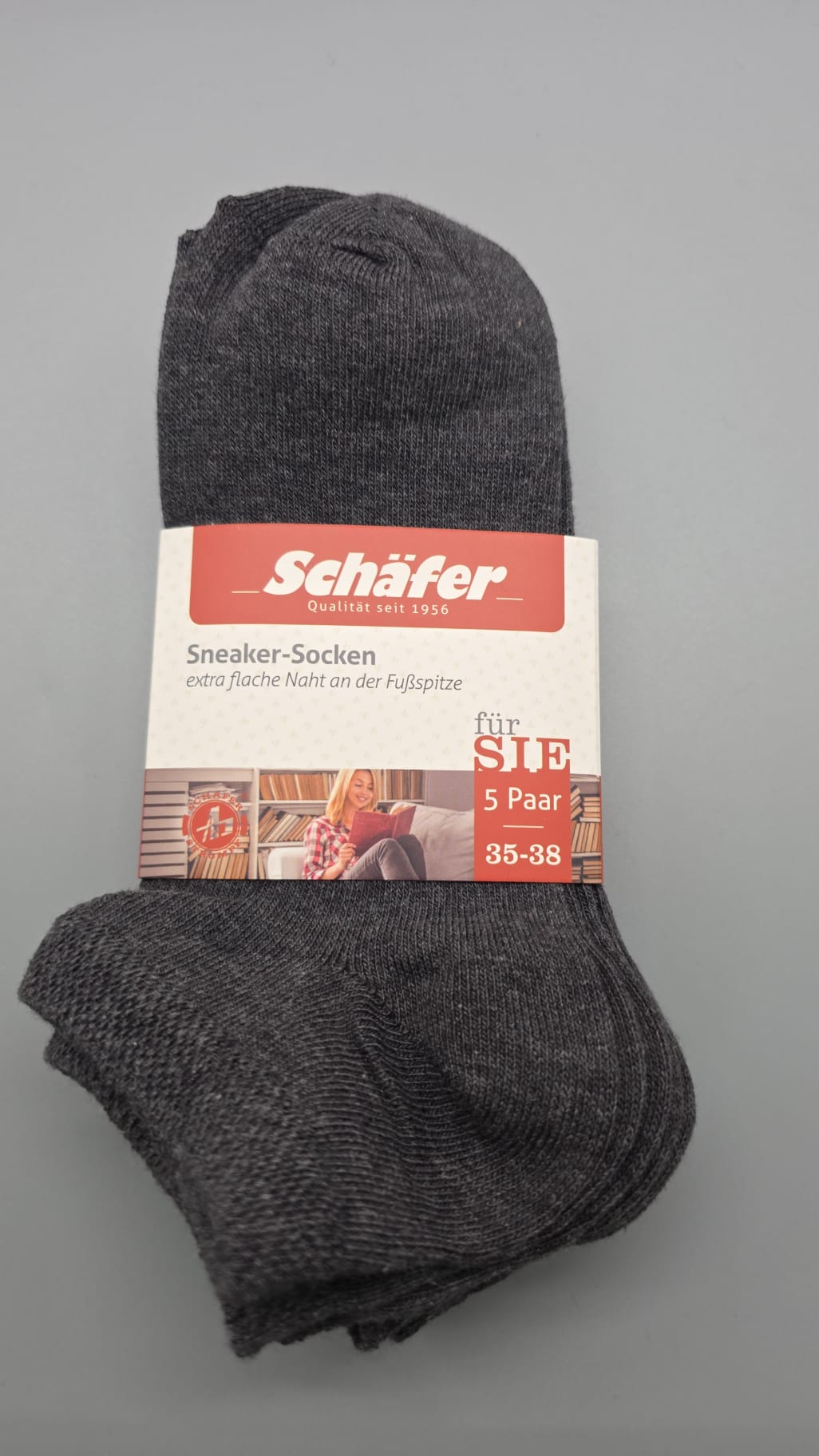 Schäfer Damen-Sneaker-Socken anthrazit, 5 Paar, Größe 35–38