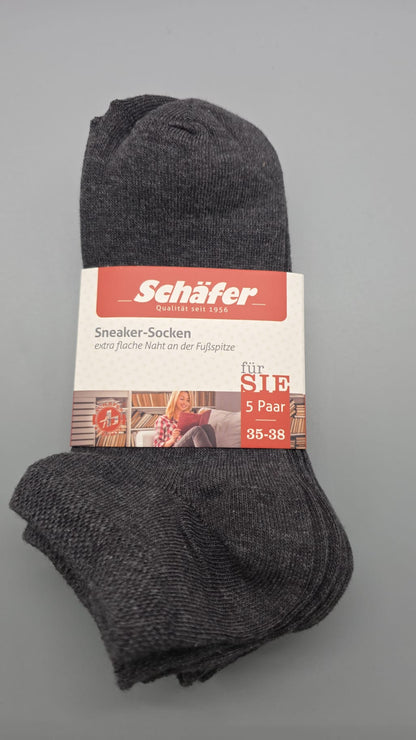 Schäfer Damen-Sneaker-Socken anthrazit, 5 Paar, Größe 35–38