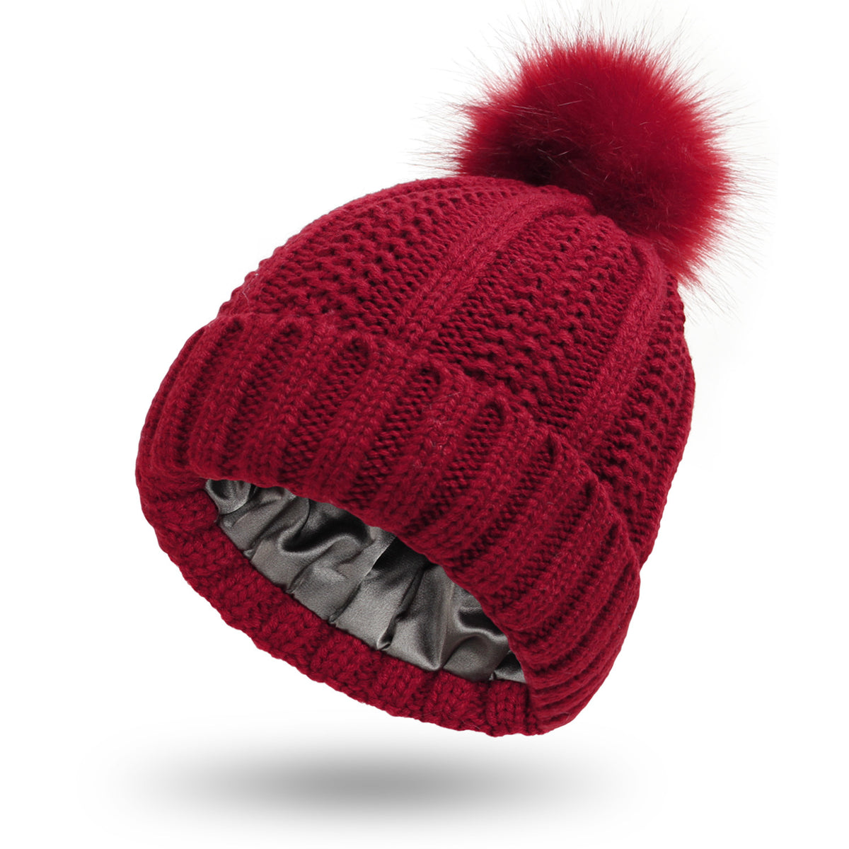 Gefütterte Strickmütze mit Kunstfell-Bommel – Bild 3