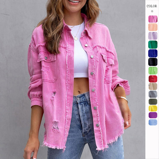 Ausgefranste Shirtjacke Damen, lässiges Oberteil für Herbst und Frühling