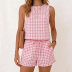 IDEALSANXUN Womens Gingham Two Piece Sets Spring Summer Beach Vacation Outfits Pajama Sets Ribbed Matching