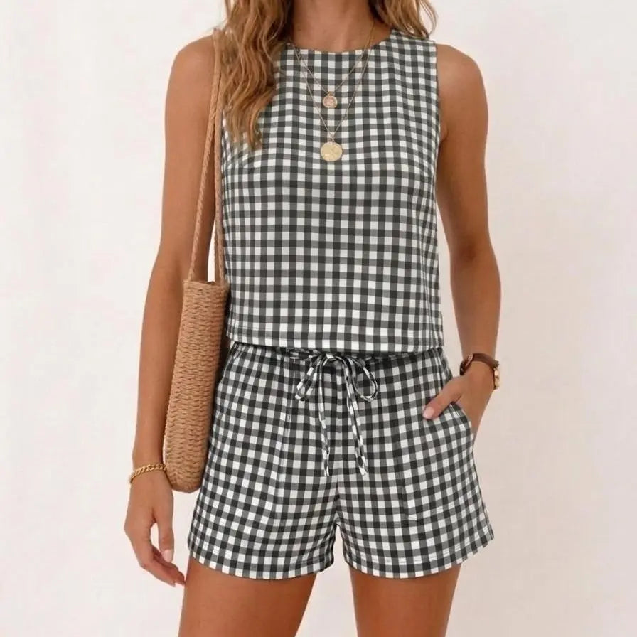 IDEALSANXUN Womens Gingham Two Piece Sets Spring Summer Beach Vacation Outfits Pajama Sets Ribbed Matching