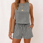 IDEALSANXUN Womens Gingham Two Piece Sets Spring Summer Beach Vacation Outfits Pajama Sets Ribbed Matching