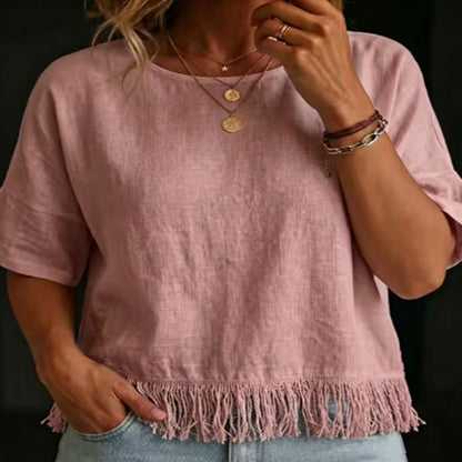 Damen Rundhals Kurzarm Quasten Baumwoll-Leinen Bluse – Ansicht 8