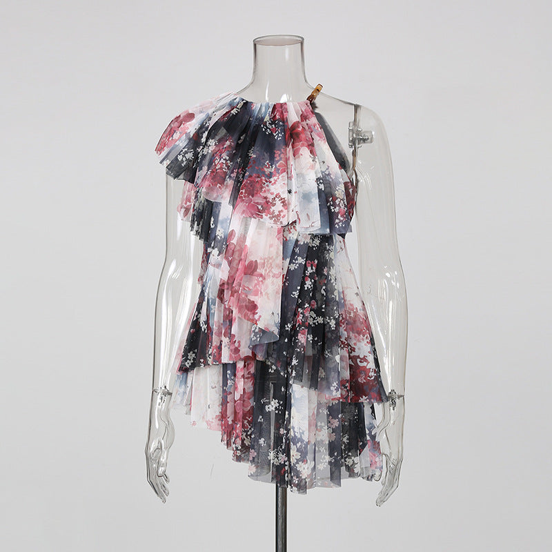 One-Shoulder Tunika mit Blumenprint, Tuell-Rüschen – Ansicht 6