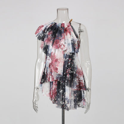 One-Shoulder Tunika mit Blumenprint, Tuell-Rüschen – Ansicht 6