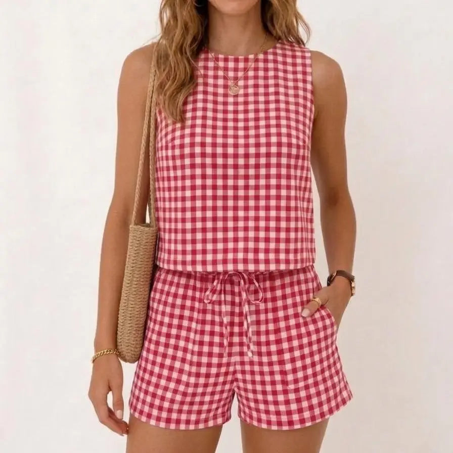 IDEALSANXUN Womens Gingham Two Piece Sets Spring Summer Beach Vacation Outfits Pajama Sets Ribbed Matching