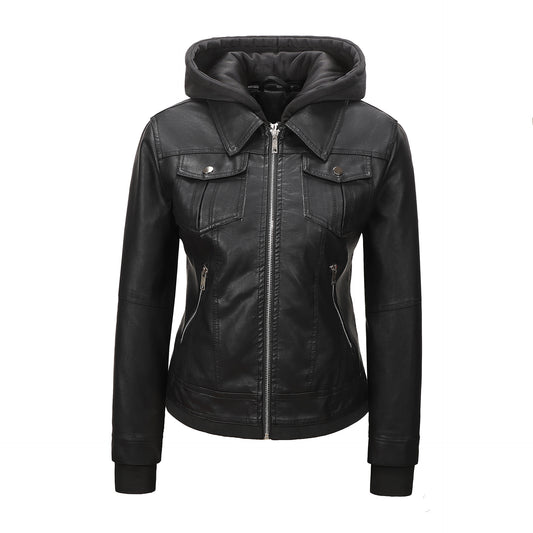 Bikerjacke aus Kunstleder mit abnehmbarer Kapuze