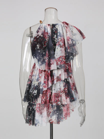 One-Shoulder Tunika mit Blumenprint und Tuell-Rüschen – Ansicht 5