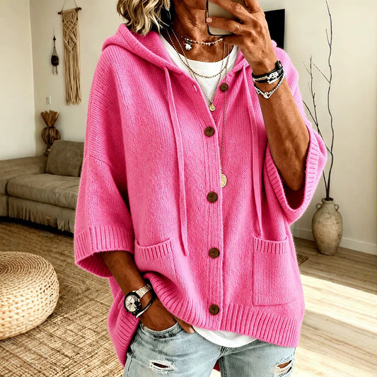 Damen Strickjacke mit Kapuze und Knopfleiste