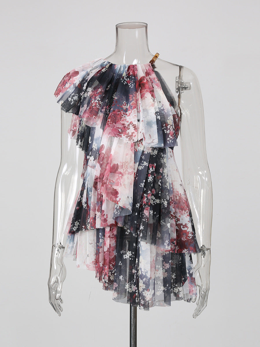 One-Shoulder Tunika mit Blumenprint und Tuell-Rüschen – Ansicht 4