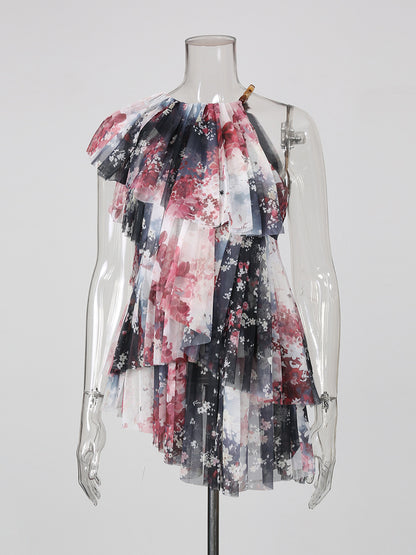 One-Shoulder Tunika mit Blumenprint und Tuell-Rüschen – Ansicht 4