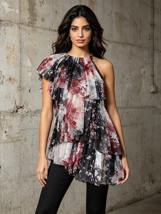 One-Shoulder Tunika mit Blumenprint und Tuell-Rüschen – Ansicht 1