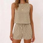 IDEALSANXUN Womens Gingham Two Piece Sets Spring Summer Beach Vacation Outfits Pajama Sets Ribbed Matching