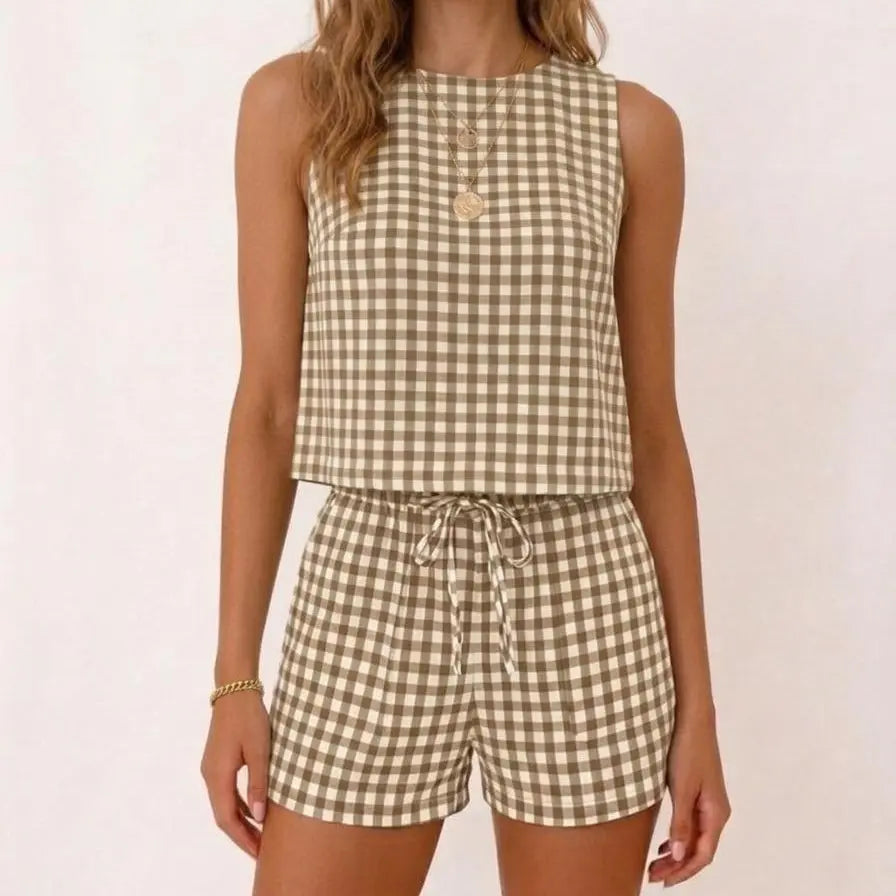 IDEALSANXUN Womens Gingham Two Piece Sets Spring Summer Beach Vacation Outfits Pajama Sets Ribbed Matching