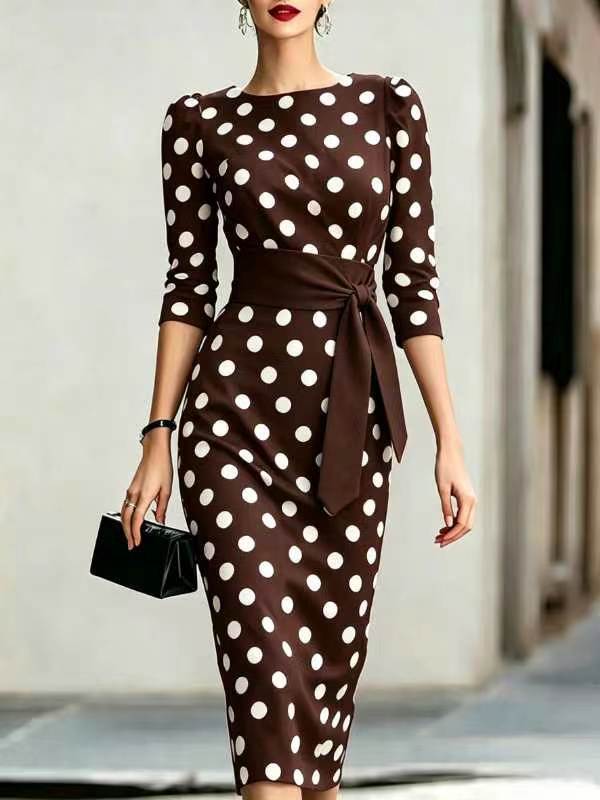 Eleganter Polka-Dot Midikleid mit Taillengürtel – Ansicht 12