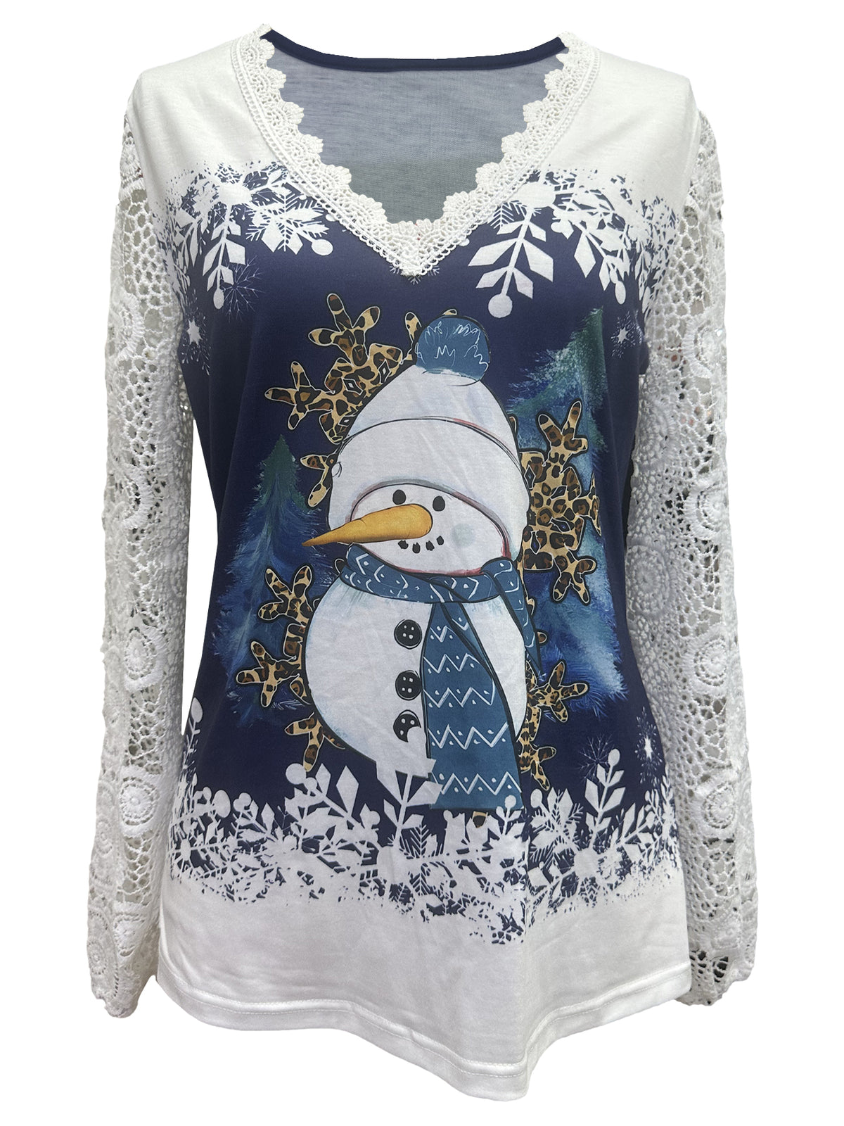 Damen Weihnachtsbluse mit Schneemann-Print und Spitzenärmeln – Ansicht 5