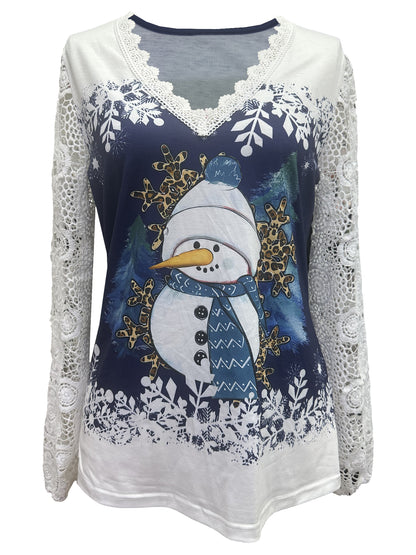 Damen Weihnachtsbluse mit Schneemann-Print und Spitzenärmeln – Ansicht 5