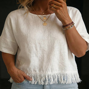 Damen Rundhals Kurzarm Quasten Baumwoll-Leinen Bluse